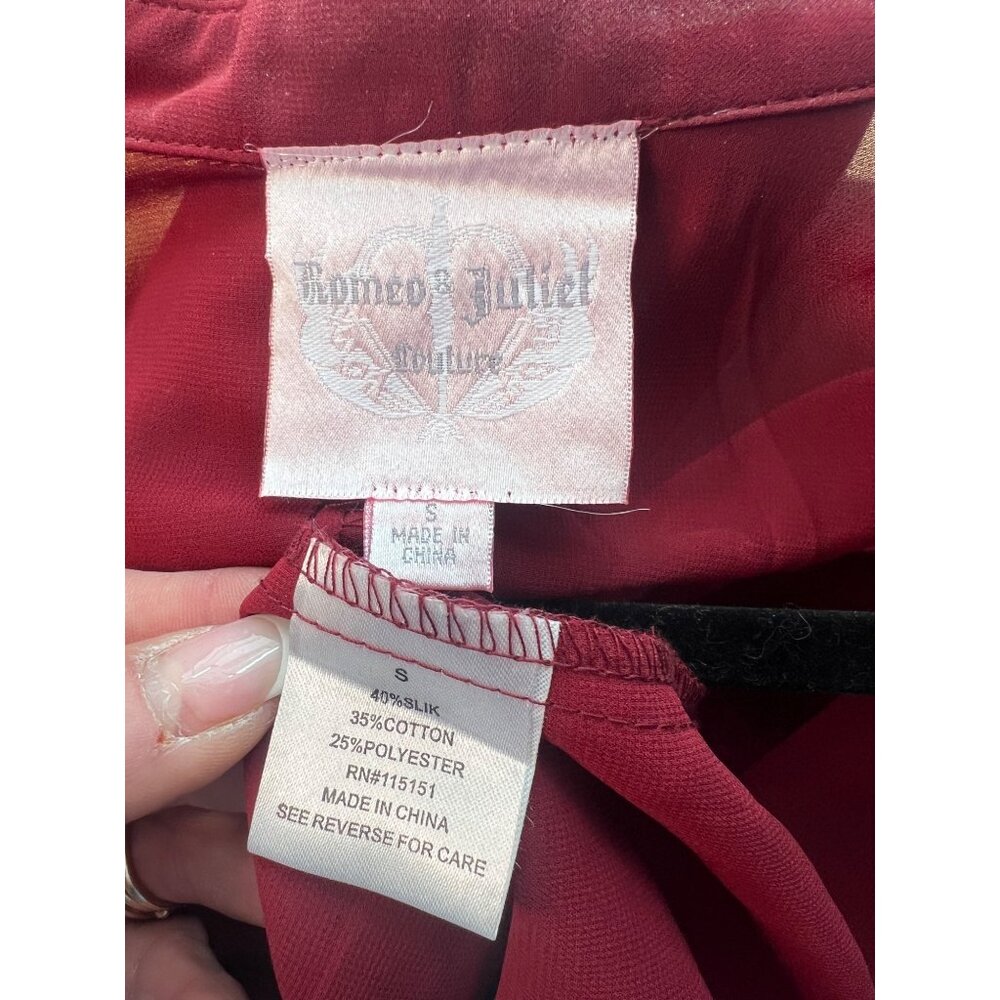Vintage Romeo & Juliet Couture Silk Blend Burgundy Draped Surplice Sheer Blouse - Picture 13 of 16